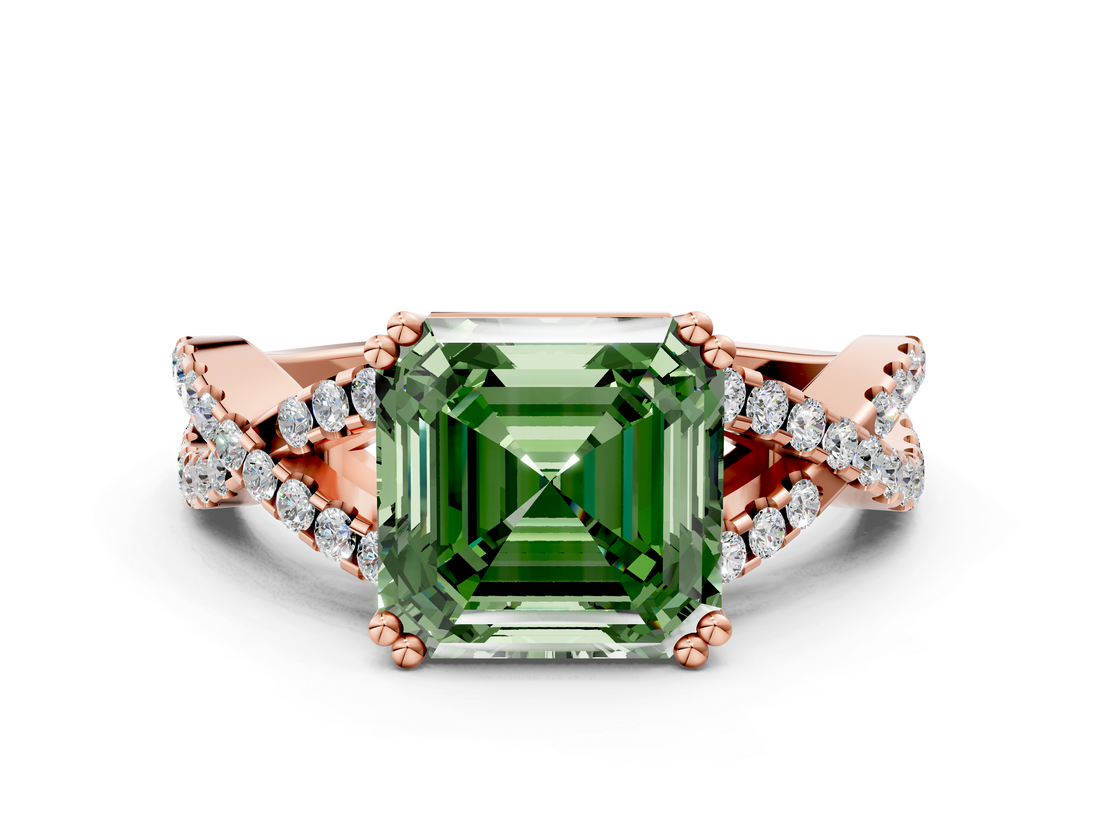 Rose gold Fancy Green Asscher  Solitaire Twist Band with Pavé Setting and Four-Prong Setting