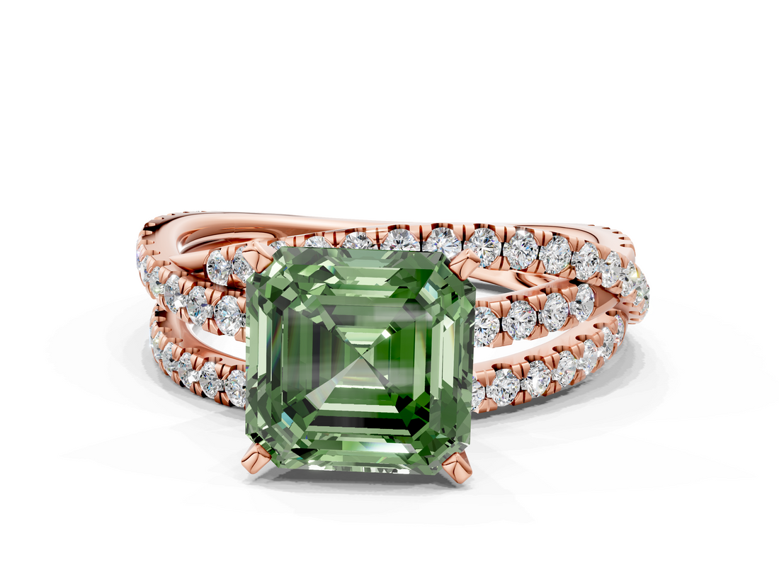 Rose gold Fancy Green Asscher  Solitaire Twist Band with Pavé Setting and Four-Prong Setting