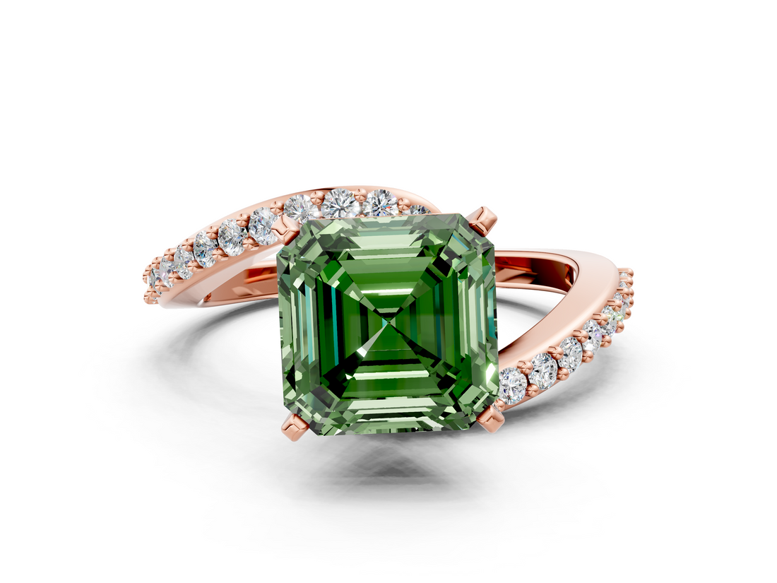 Rose gold Fancy Green Asscher  Solitaire Twist Band with Pave Set Diamonds and Four-Prong Setting