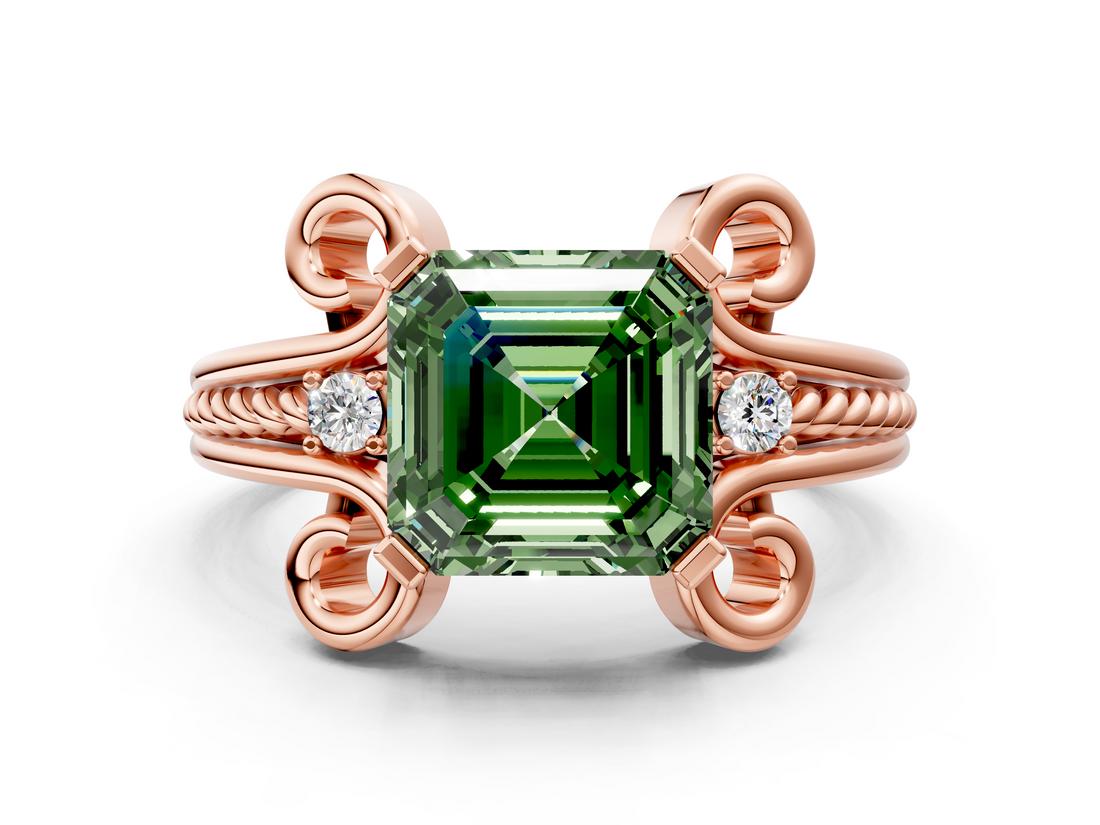 Rose gold Fancy Green Asscher  Solitaire Twisted Band Scroll Prong Ring_5