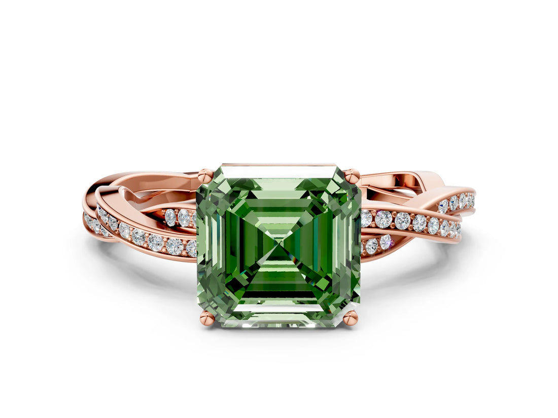 Rose gold Fancy Green Asscher  Solitaire Twisted Pave Diamond Ring with Four-Prong Setting_12