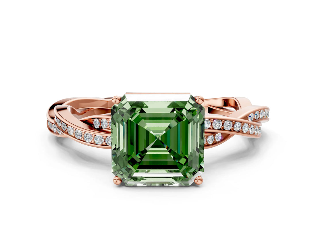 Rose gold Fancy Green Asscher  Solitaire Twisted Pave Diamond Ring with Four-Prong Setting_93