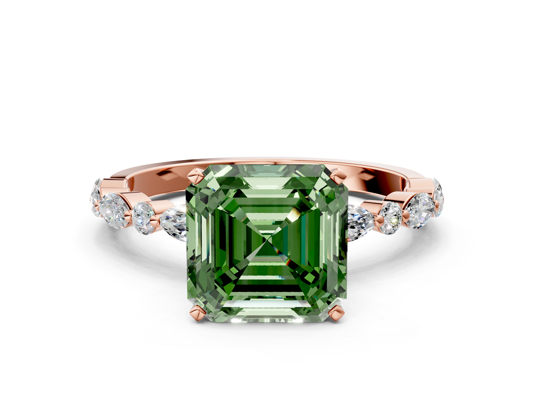 Rose gold Fancy Green Asscher  Solitaire with Side Stones on a Pavé Band and Four-Prong Setting