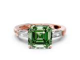 Rose gold Fancy Green Asscher  Solitaire with Tapered Baguette Side Stones on a Classic Band with Four-Prong Setting