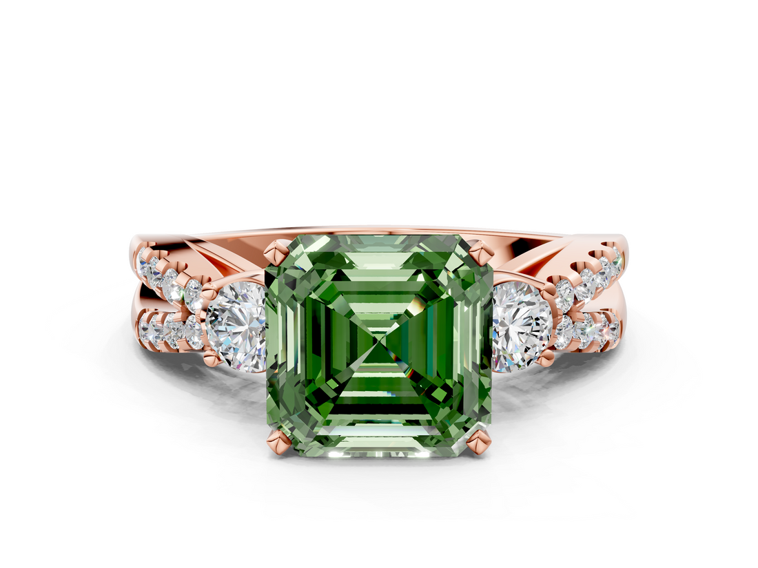 Rose gold Fancy Green Asscher  Three-Stone Diamond Ring with Pavé Split Shank and Four-Prong Setting_18