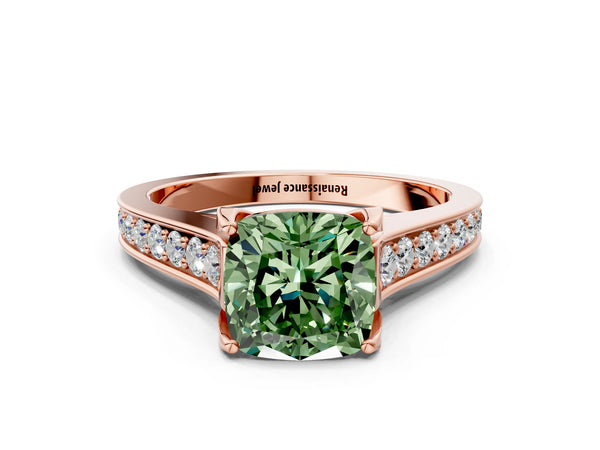 Rose gold Fancy Green Cushion  Brilliant Cut Diamond Engagement Ring with Pavé Band and Four-Prong Setting