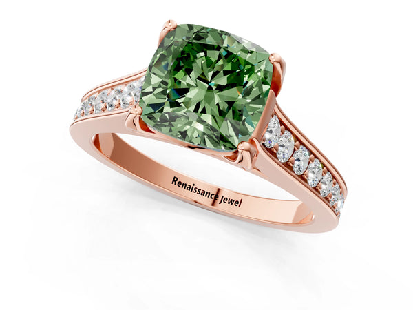 Rose gold Fancy Green Cushion  Brilliant Cut Diamond Engagement Ring with Pavé Band and Four-Prong Setting