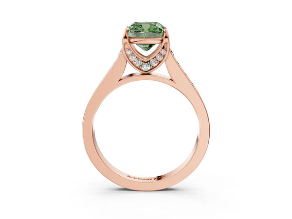Rose gold Fancy Green Cushion  Brilliant Cut Diamond Engagement Ring with Pavé Band and Four-Prong Setting