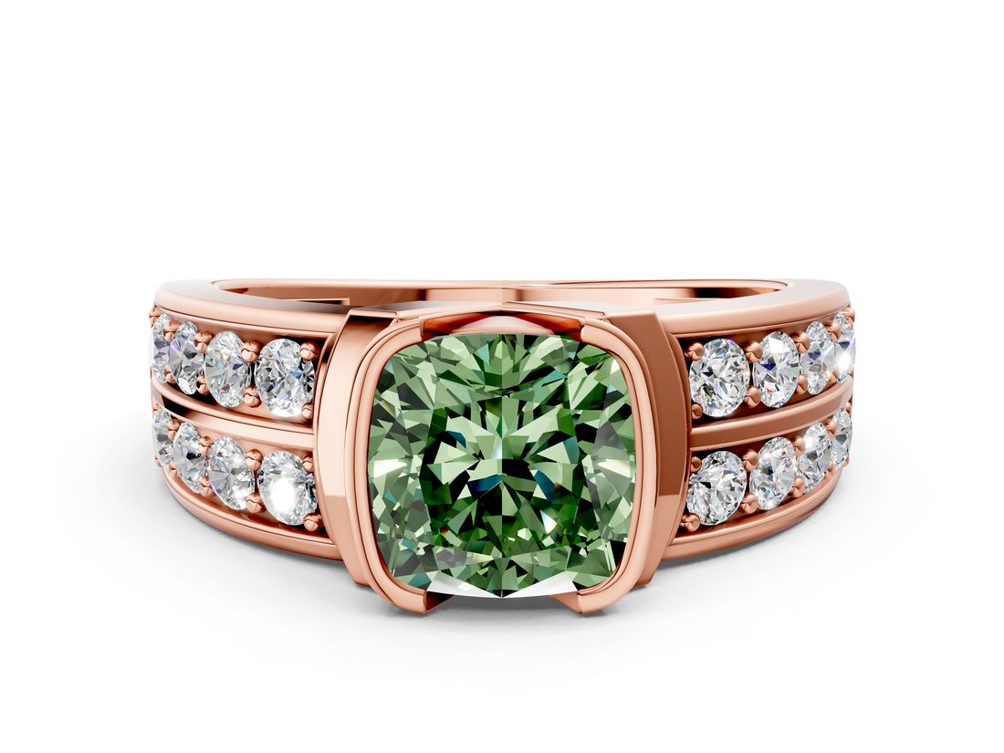Rose gold Fancy Green Cushion  Brilliant Diamond Channel Set Wide Band Ring with Bezel Setting_20