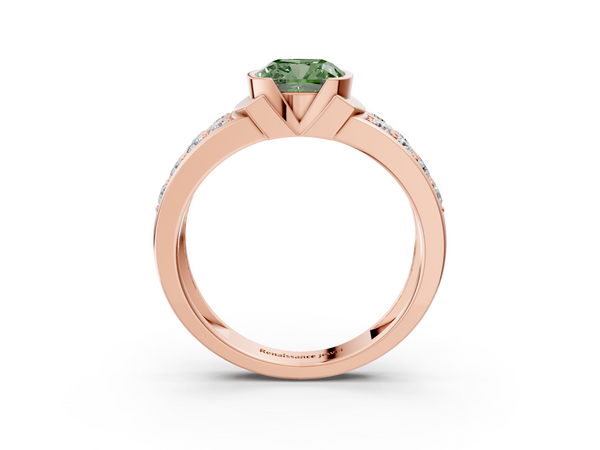 Rose gold Fancy Green Cushion  Brilliant Diamond Channel Set Wide Band Ring with Bezel Setting