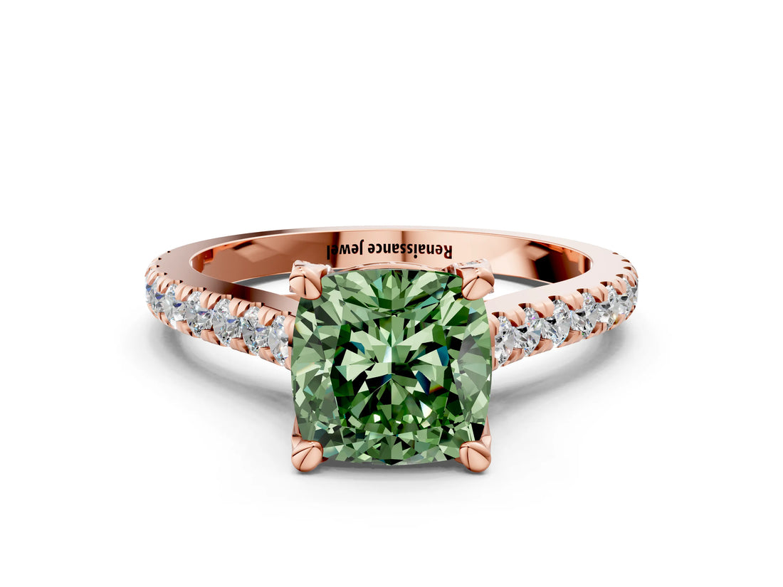 Rose gold Fancy Green Cushion  Brilliant Diamond Solitaire with Pavé Band and Four-Prong Setting