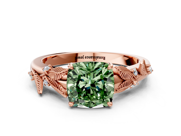 Rose gold Fancy Green Cushion Cut Diamond Solitaire Ring with Leaf Motif Band and Four-Prong Setting