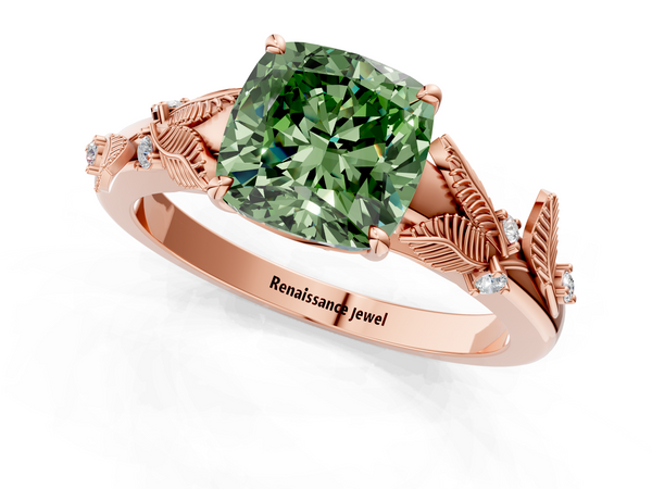Rose gold Fancy Green Cushion Cut Diamond Solitaire Ring with Leaf Motif Band and Four-Prong Setting