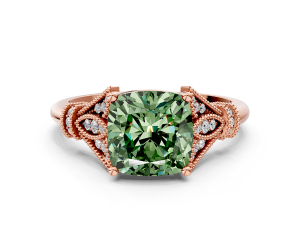 Rose gold Fancy Green Cushion  Diamond Solitaire Ring with Floral Filigree and Pave Accents