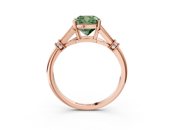 Rose gold Fancy Green Cushion  Diamond Solitaire Ring with Floral Filigree and Pave Accents
