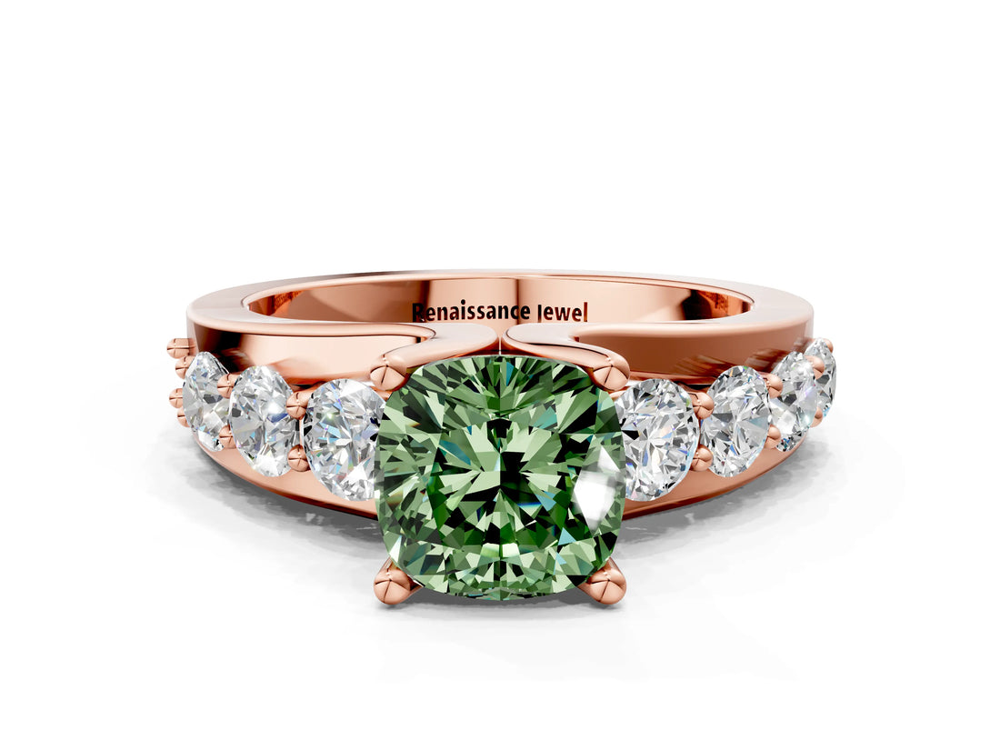 Rose gold Fancy Green Cushion  Brilliant Solitaire with Side Stones on a Pave Band and Four-Prong Setting_49