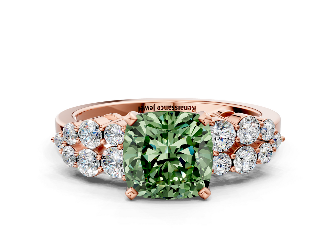 Rose gold Fancy Green Cushion  Cluster Diamond Engagement Ring with Pavé Band and Four-Prong Setting_48
