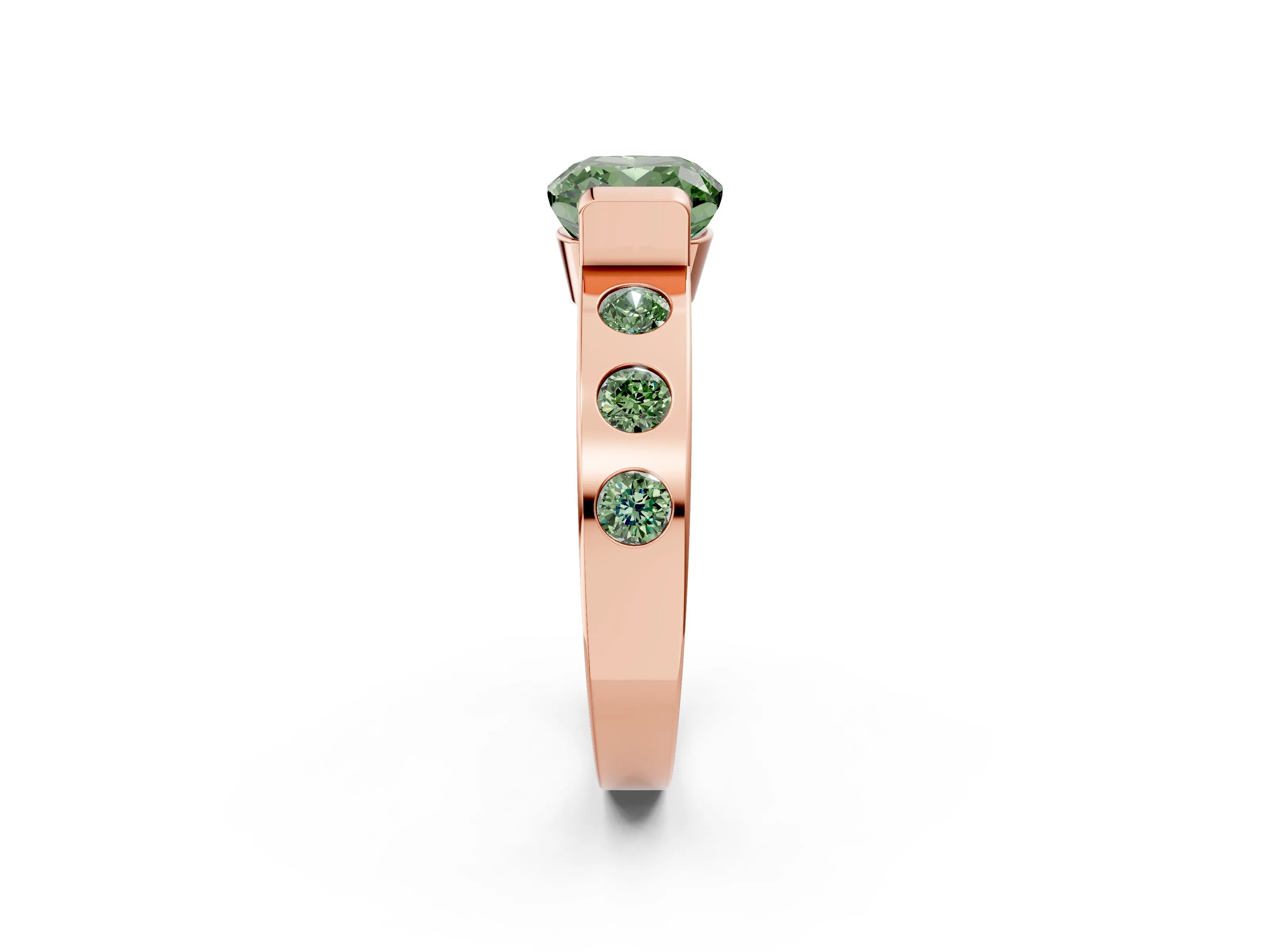 Rose gold Fancy Green Cushion Cut Brilliant Channel-Set Diamond Ring with Bezel Prong Setting_2