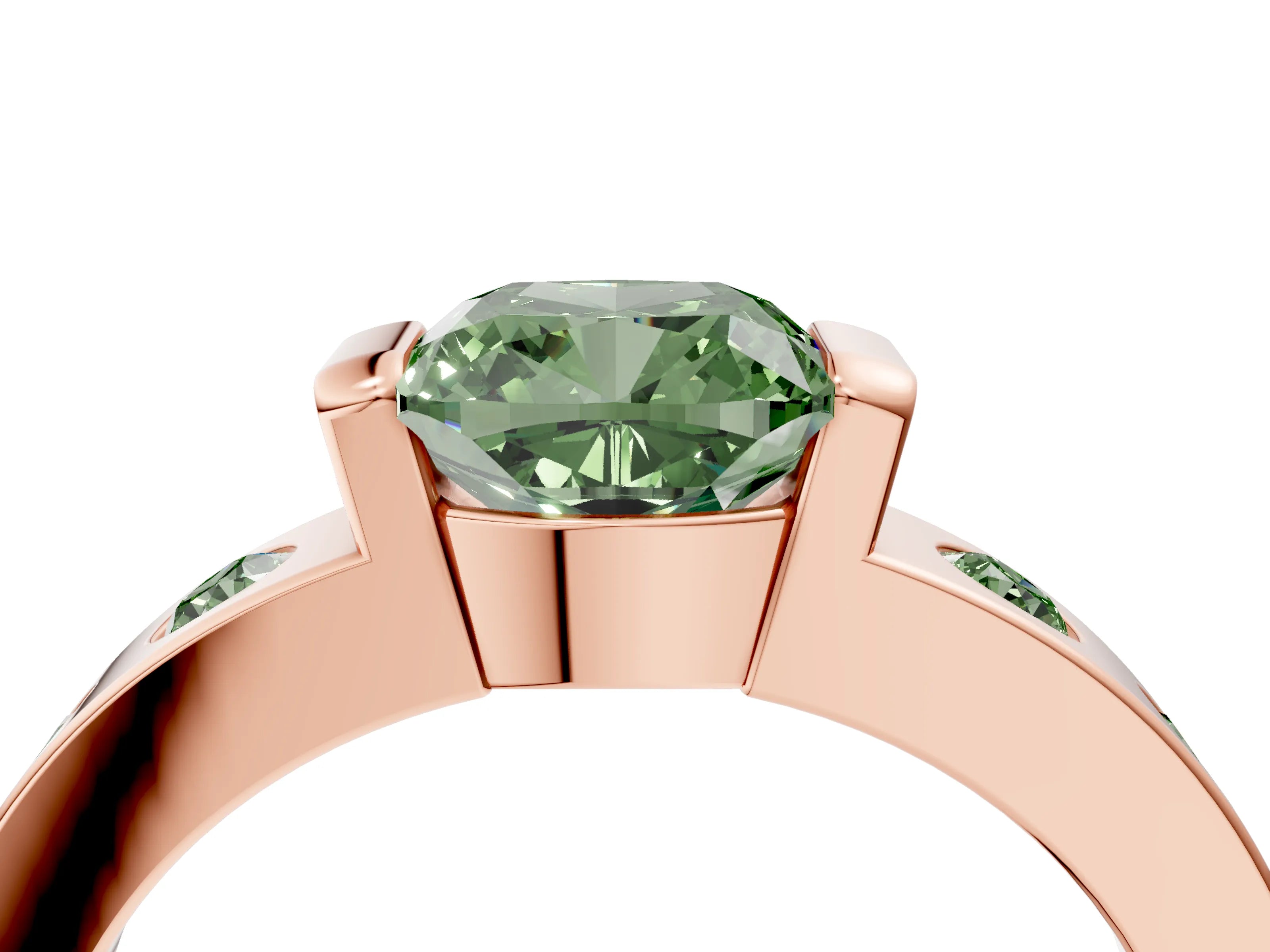 Rose gold Fancy Green Cushion Cut Brilliant Channel-Set Diamond Ring with Bezel Prong Setting_4