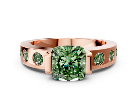 Rose gold Fancy Green Cushion Cut Brilliant Channel-Set Diamond Ring with Bezel Prong Setting
