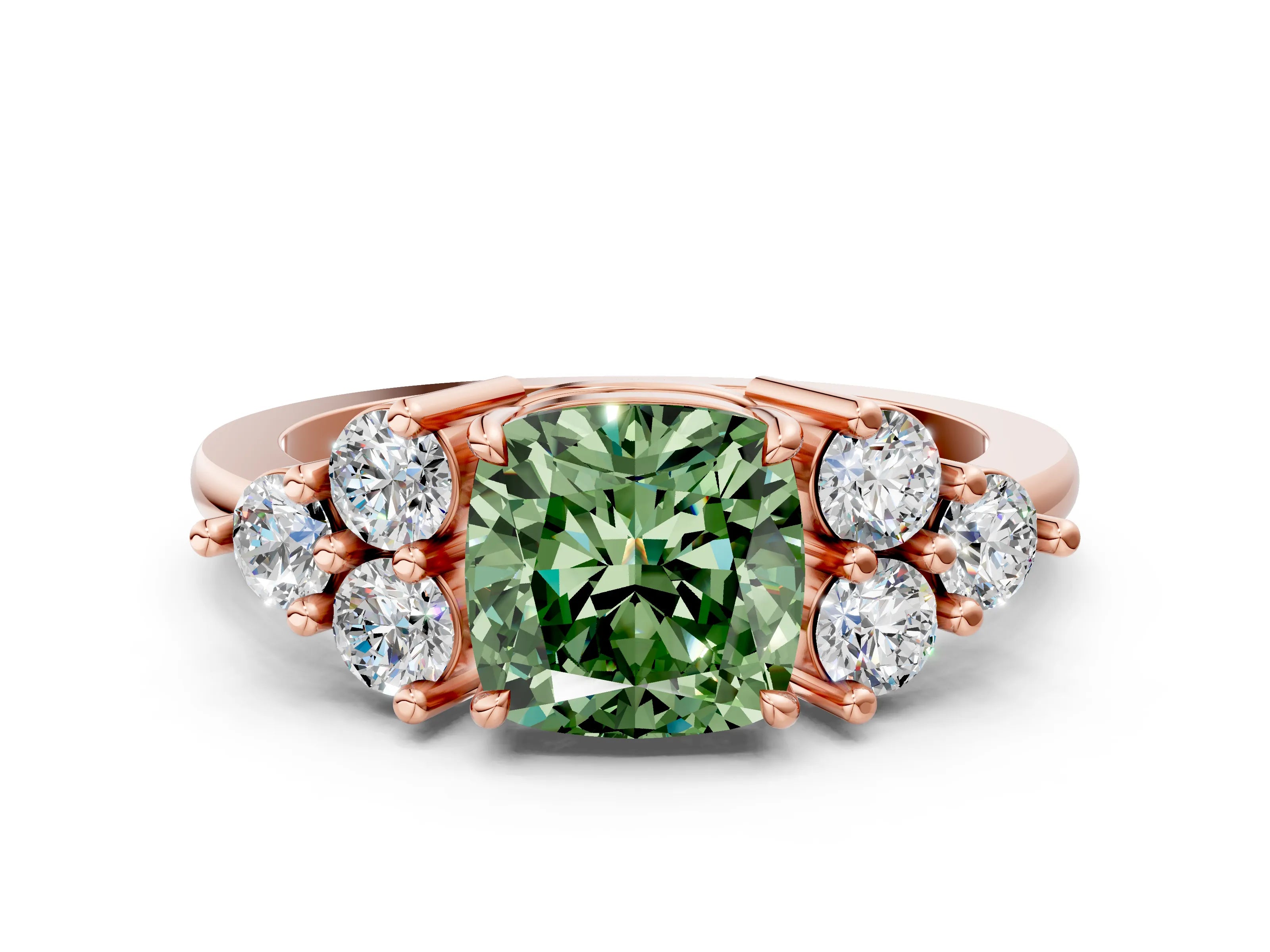 Rose gold Fancy Green Cushion Cut Brilliant Diamond Cluster Accent Solitaire Ring with Prong Setting