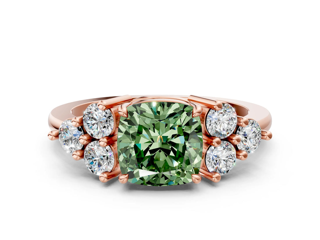 Rose gold Fancy Green Cushion Cut Brilliant Diamond Cluster Accent Solitaire Ring with Prong Setting