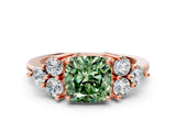 Rose gold Fancy Green Cushion Cut Brilliant Diamond Cluster Accent Solitaire Ring with Prong Setting