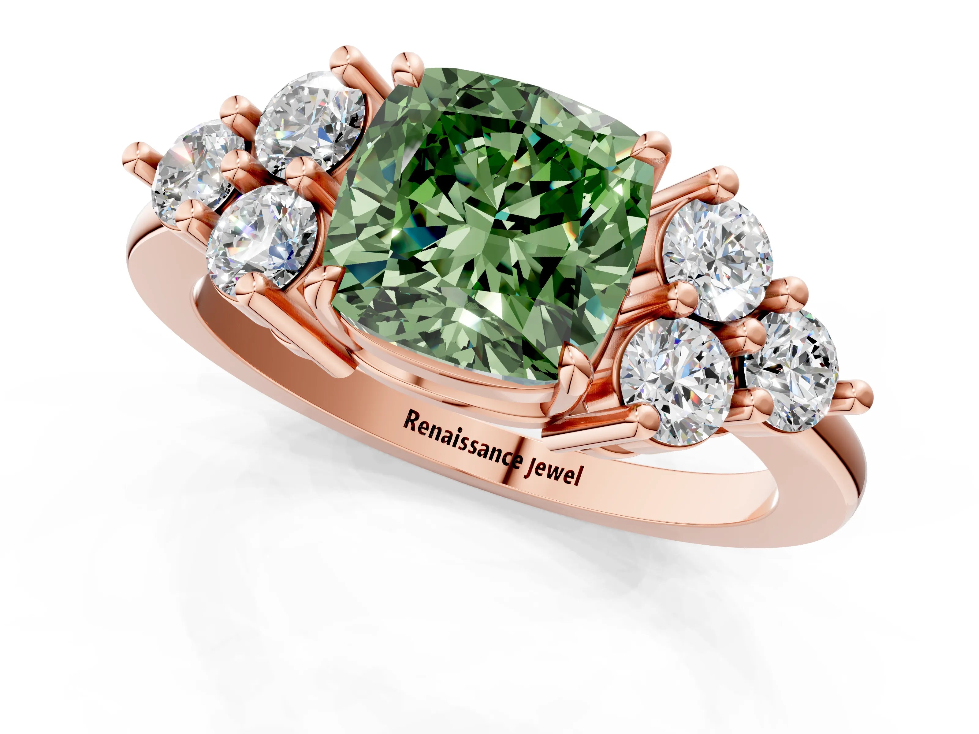 Rose gold Fancy Green Cushion Cut Brilliant Diamond Cluster Accent Solitaire Ring with Prong Setting_1