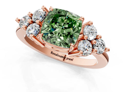 Rose gold Fancy Green Cushion Cut Brilliant Diamond Cluster Accent Solitaire Ring with Prong Setting_1