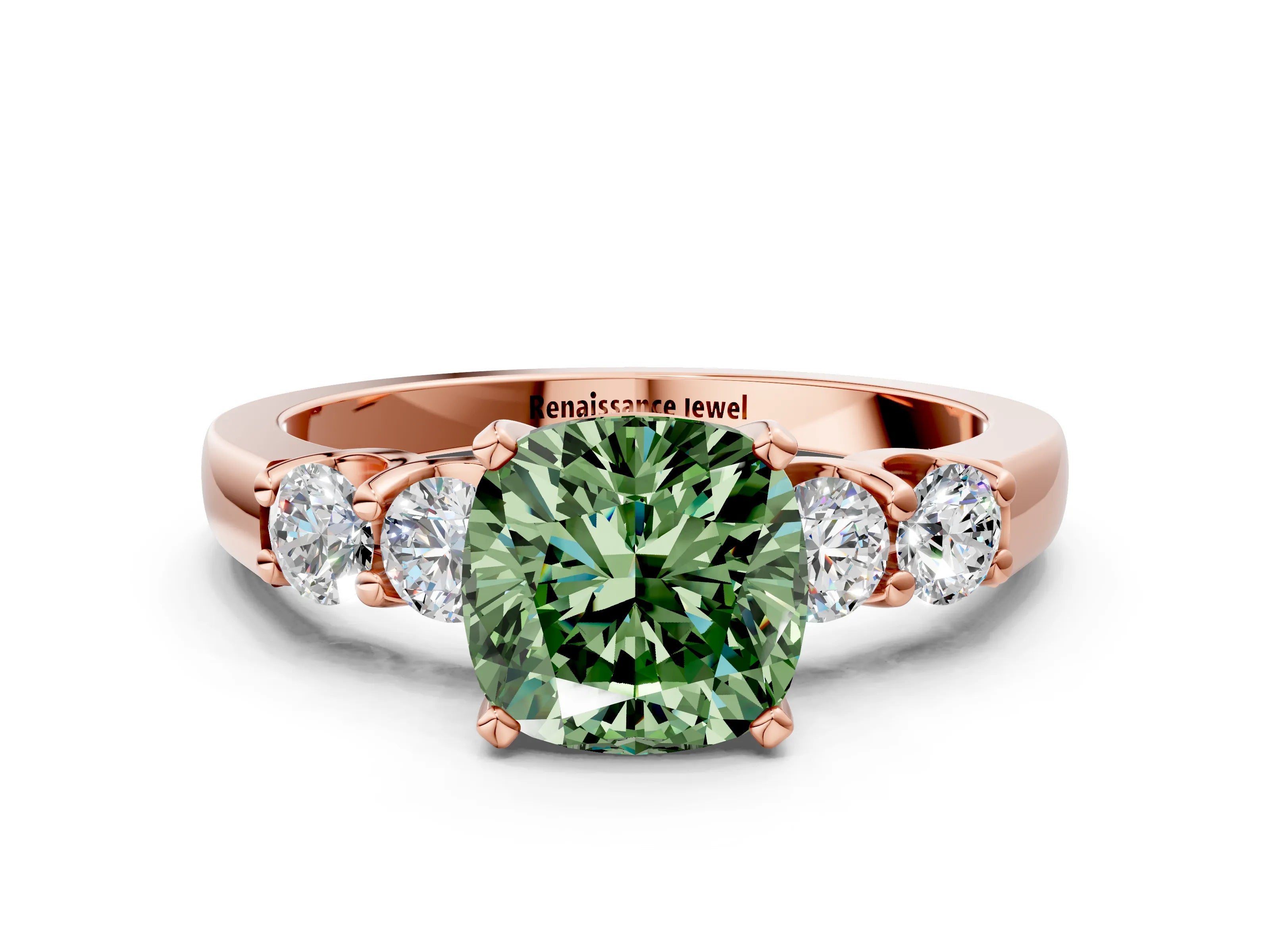Rose gold Fancy Green Cushion Cut Brilliant Diamond Five-Stone Engagement Ring with Prong Setting on a Classic Band_3