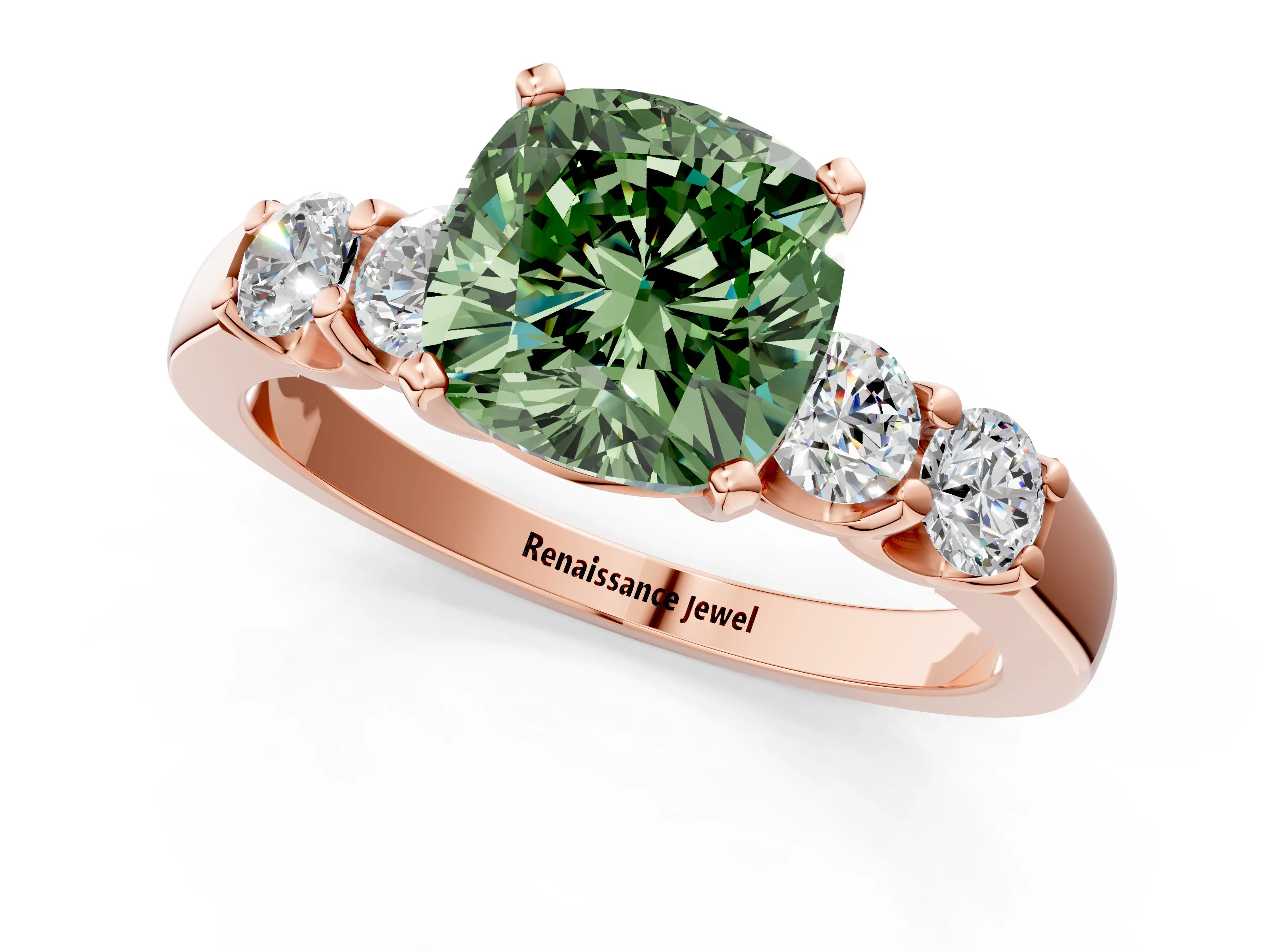 Rose gold Fancy Green Cushion Cut Brilliant Diamond Five-Stone Engagement Ring with Prong Setting on a Classic Band_4