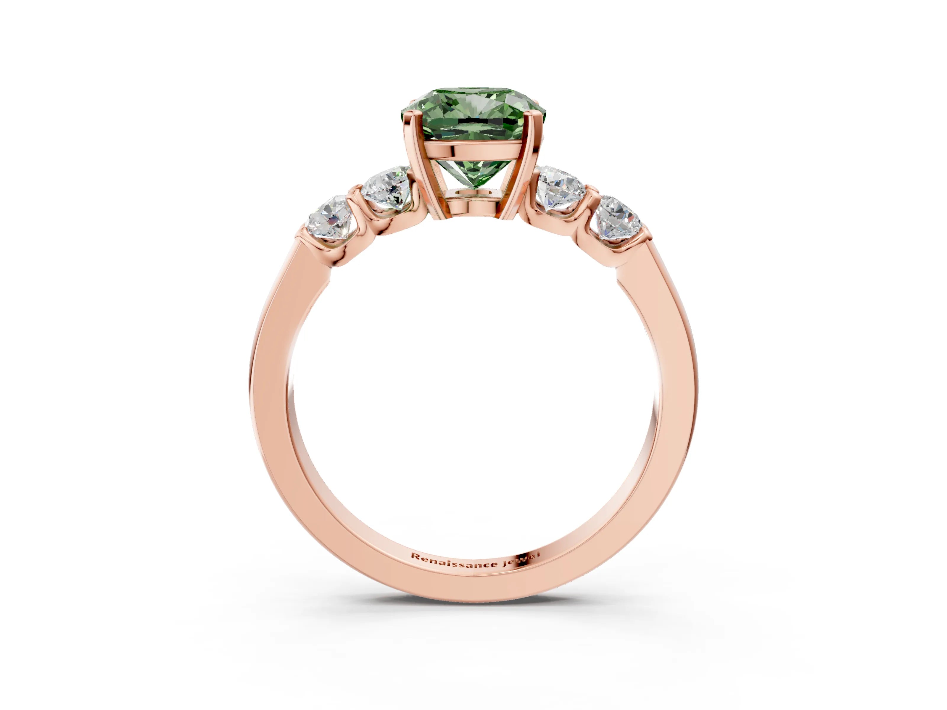 Rose gold Fancy Green Cushion Cut Brilliant Diamond Five-Stone Engagement Ring with Prong Setting on a Classic Band_6