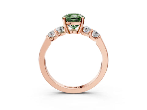 Rose gold Fancy Green Cushion Cut Brilliant Diamond Five-Stone Engagement Ring with Prong Setting on a Classic Band_6