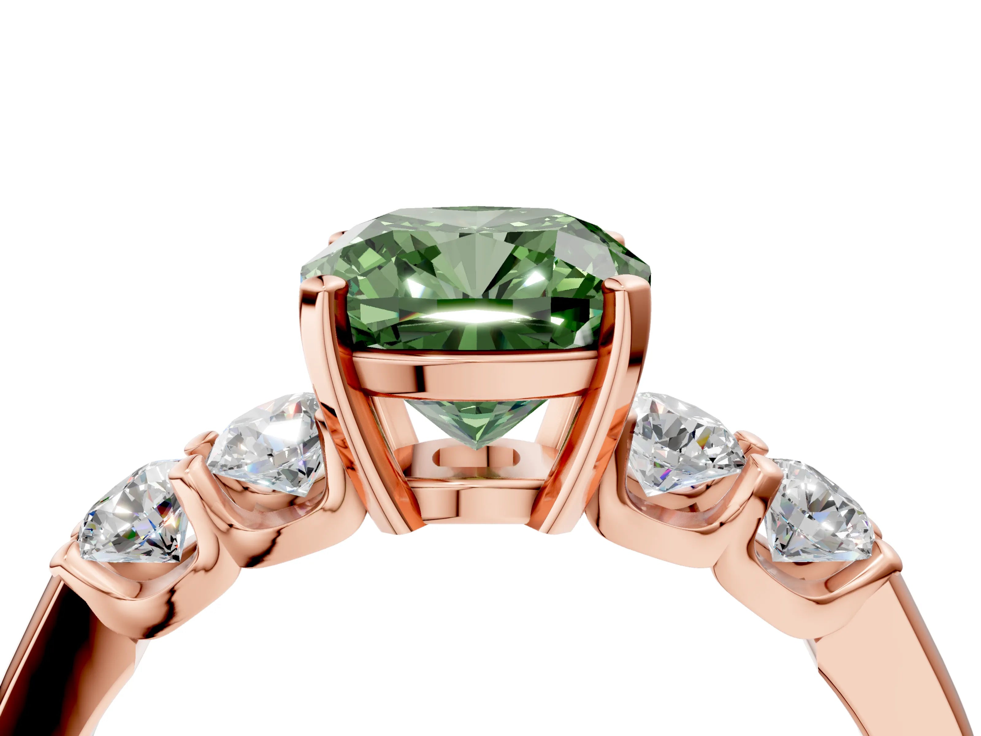Rose gold Fancy Green Cushion Cut Brilliant Diamond Five-Stone Engagement Ring with Prong Setting on a Classic Band_7
