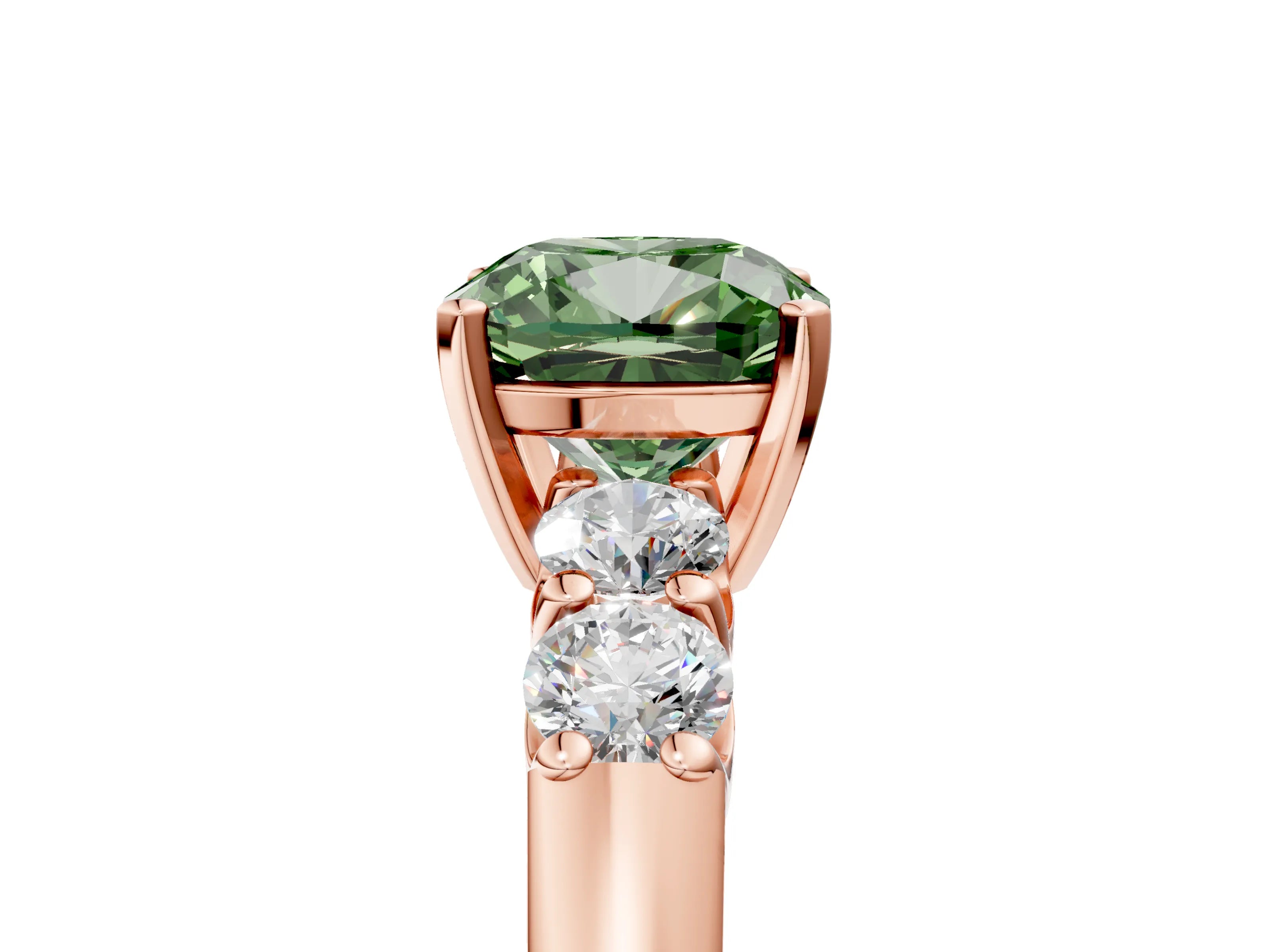 Rose gold Fancy Green Cushion Cut Brilliant Diamond Five-Stone Engagement Ring with Prong Setting on a Classic Band_8