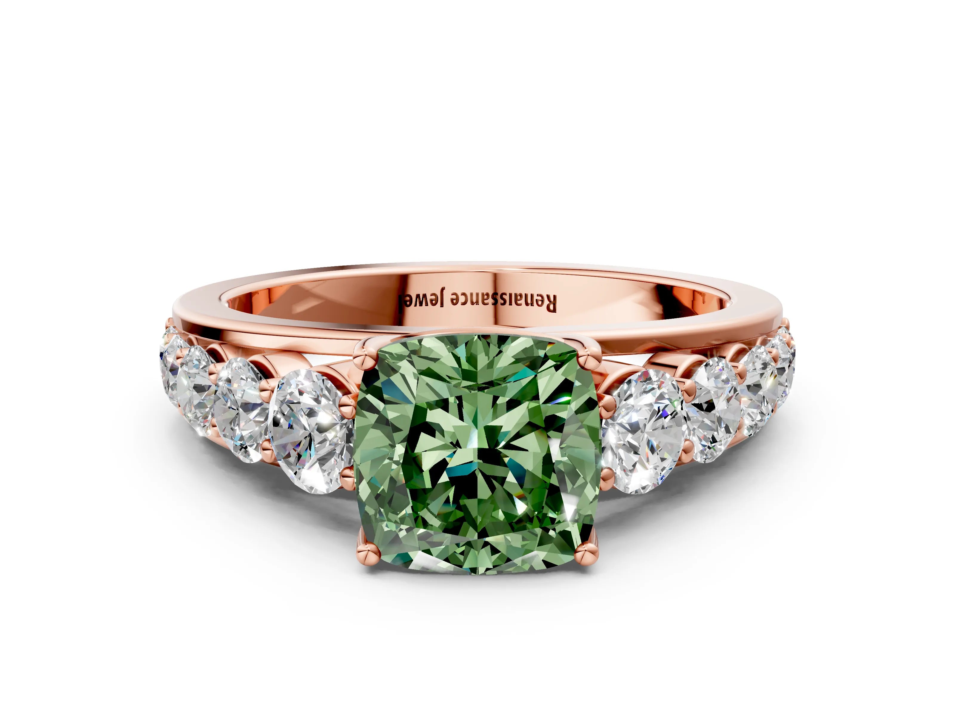 Rose gold Fancy Green Cushion Cut Brilliant Diamond Pavé Band with Six-Prong Setting