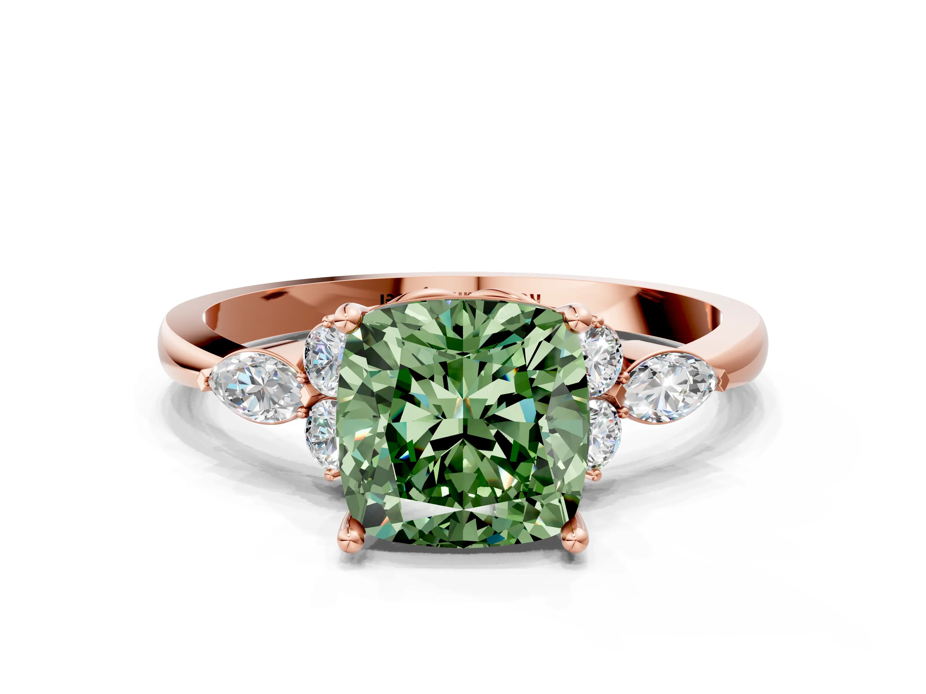Rose gold Fancy Green Cushion Cut Brilliant Diamond Solitaire Ring with Pear Side Stones and Four-Prong Setting_3