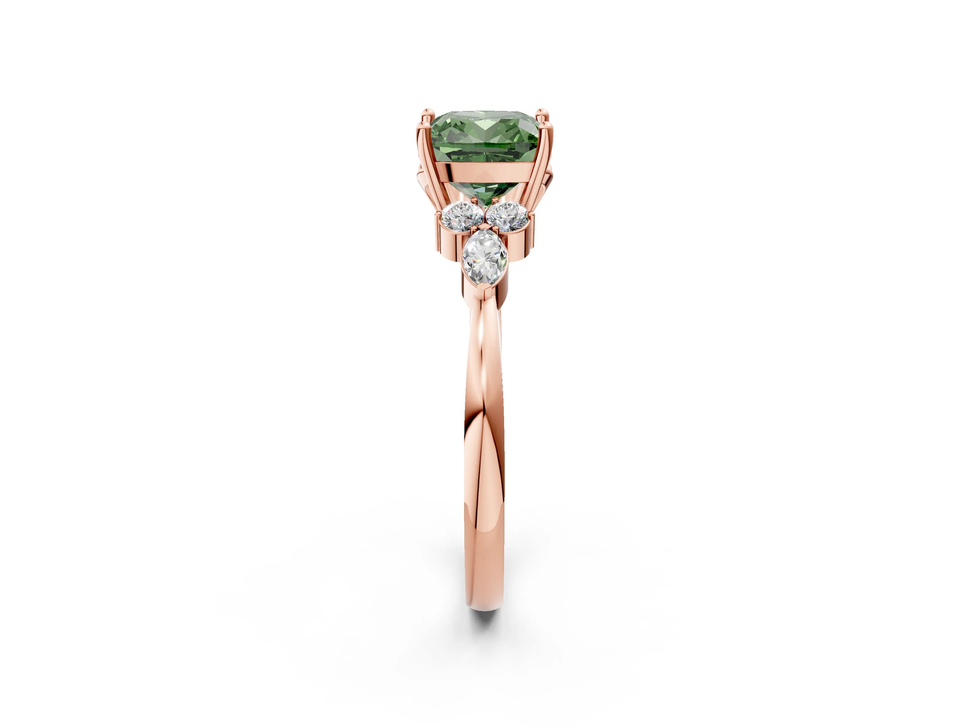 Rose gold Fancy Green Cushion Cut Brilliant Diamond Solitaire Ring with Pear Side Stones and Four-Prong Setting_5