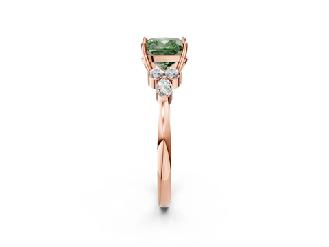 Rose gold Fancy Green Cushion Cut Brilliant Diamond Solitaire Ring with Pear Side Stones and Four-Prong Setting_5