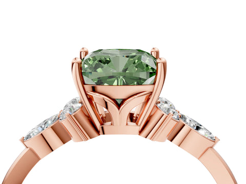 Rose gold Fancy Green Cushion Cut Brilliant Diamond Solitaire Ring with Pear Side Stones and Four-Prong Setting_7