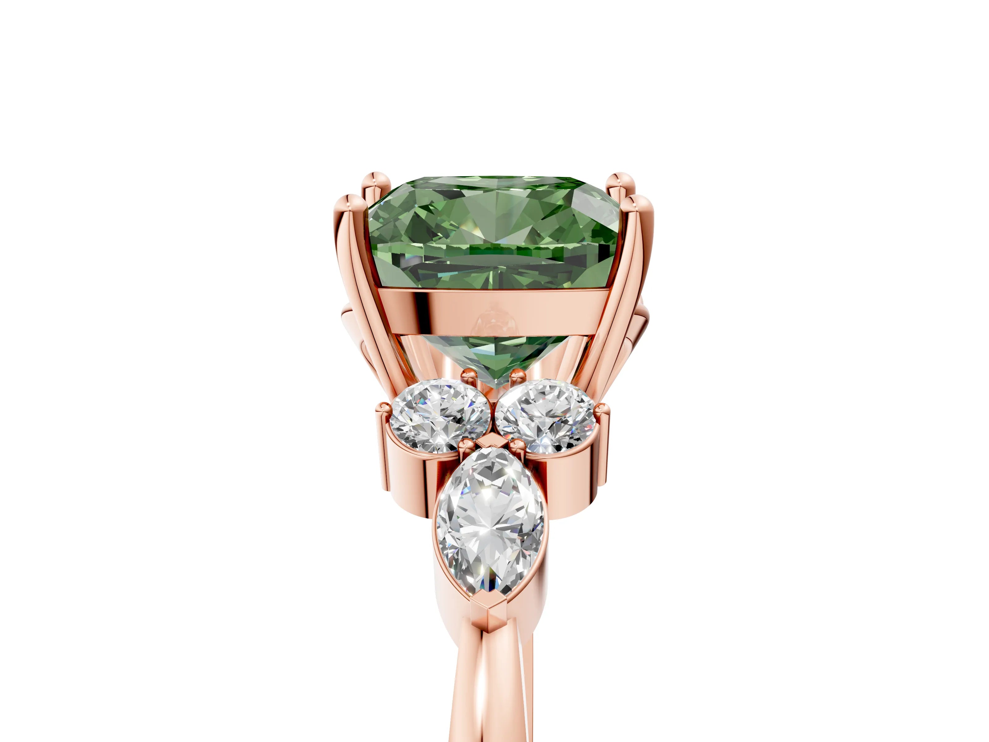 Rose gold Fancy Green Cushion Cut Brilliant Diamond Solitaire Ring with Pear Side Stones and Four-Prong Setting_8