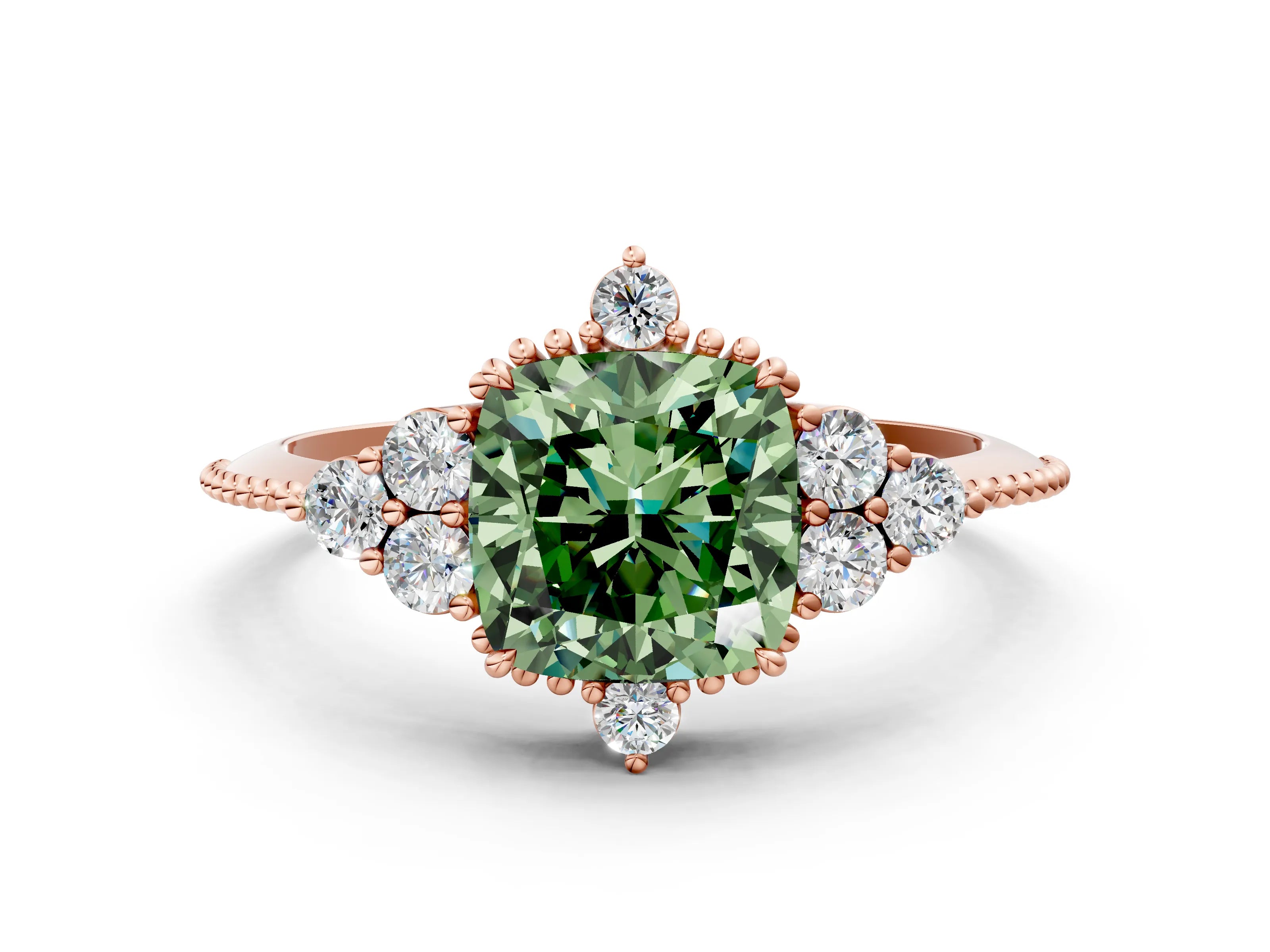Rose gold Fancy Green Cushion Cut Brilliant Diamond with Cluster Setting on a Beaded Band and Four-Prong Setting