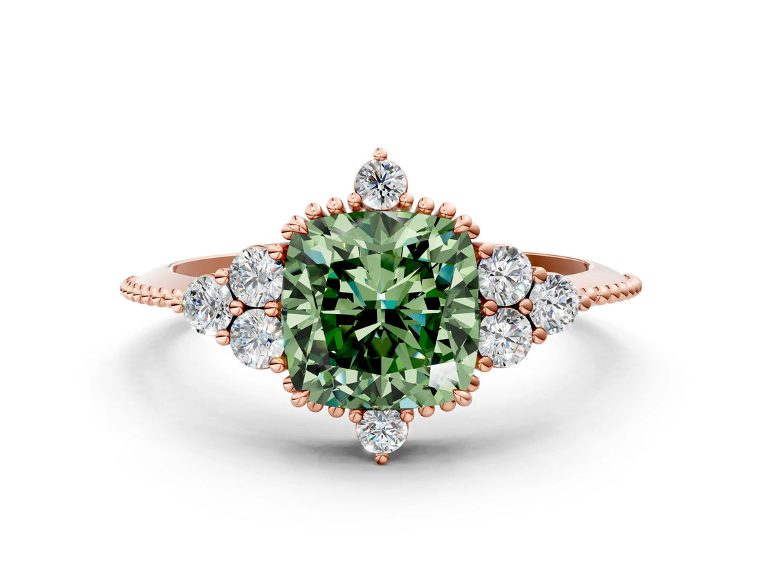 Rose gold Fancy Green Cushion Cut Brilliant Diamond with Cluster Setting on a Beaded Band and Four-Prong Setting