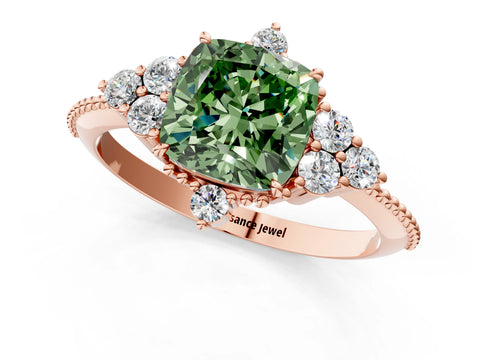Rose gold Fancy Green Cushion Cut Brilliant Diamond with Cluster Setting on a Beaded Band and Four-Prong Setting_1