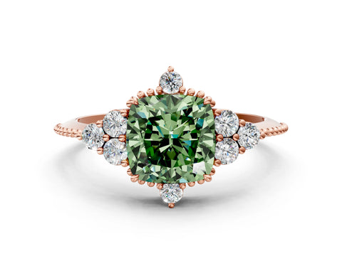 Rose gold Fancy Green Cushion Cut Brilliant Diamond with Cluster Setting on a Beaded Band and Four-Prong Setting