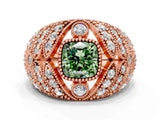 Rose gold Fancy Green Cushion Cut Brilliant Halo Pave Diamond Milgrain Ring