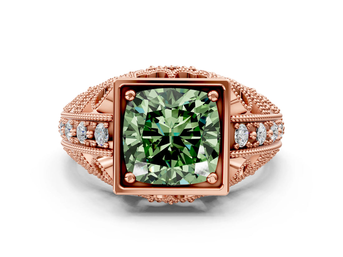 Rose gold Fancy Green Cushion Cut Brilliant Milgrain Filigree Diamond Ring with Square Prong Setting