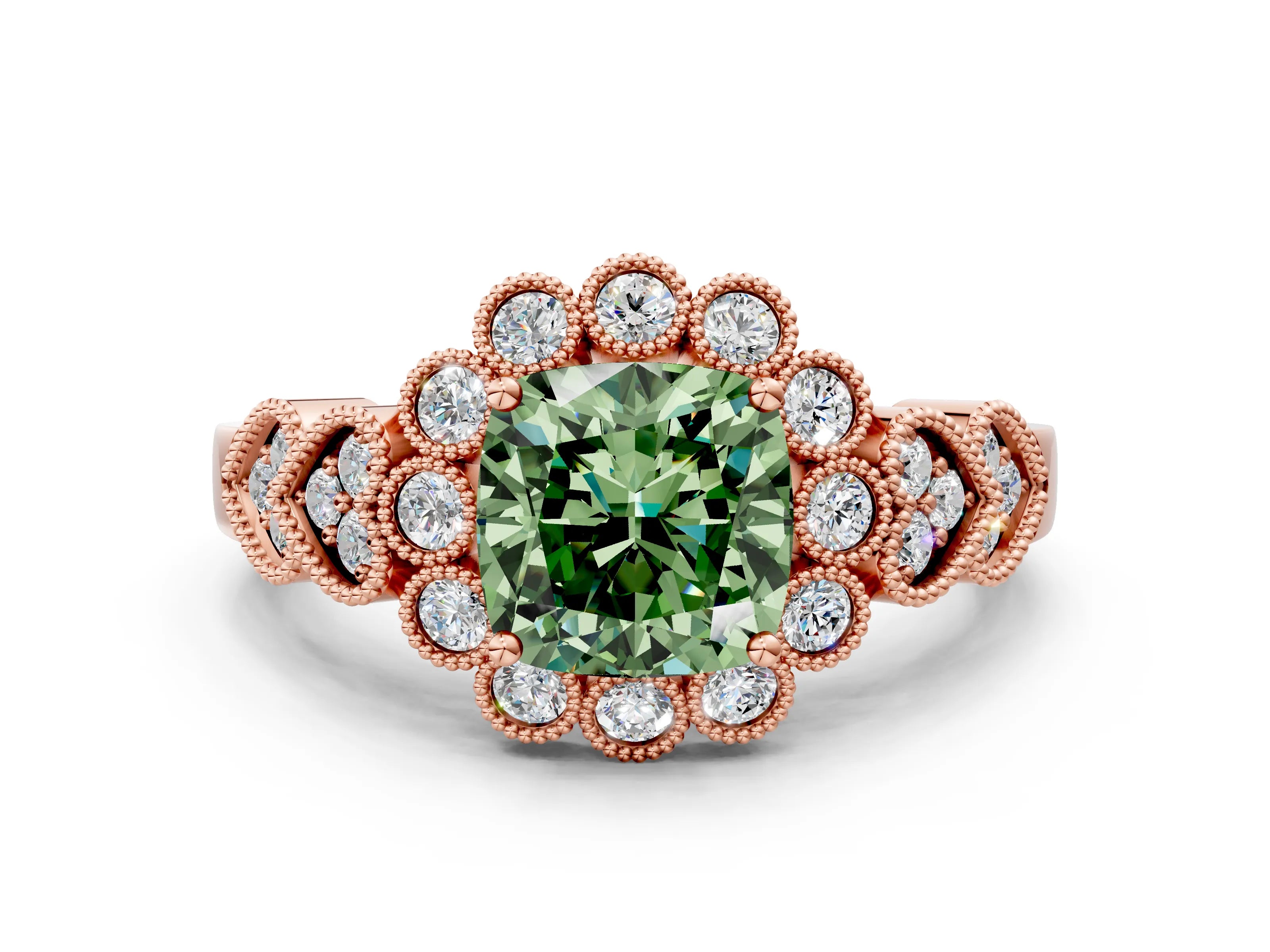 Rose gold Fancy Green Cushion Cut Brilliant Milgrain Pave Heart Band Solitaire Ring