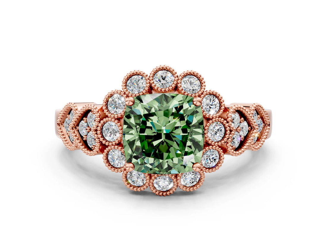 Rose gold Fancy Green Cushion Cut Brilliant Milgrain Pave Heart Band Solitaire Ring