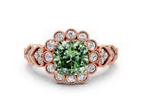 Rose gold Fancy Green Cushion Cut Brilliant Milgrain Pave Heart Band Solitaire Ring